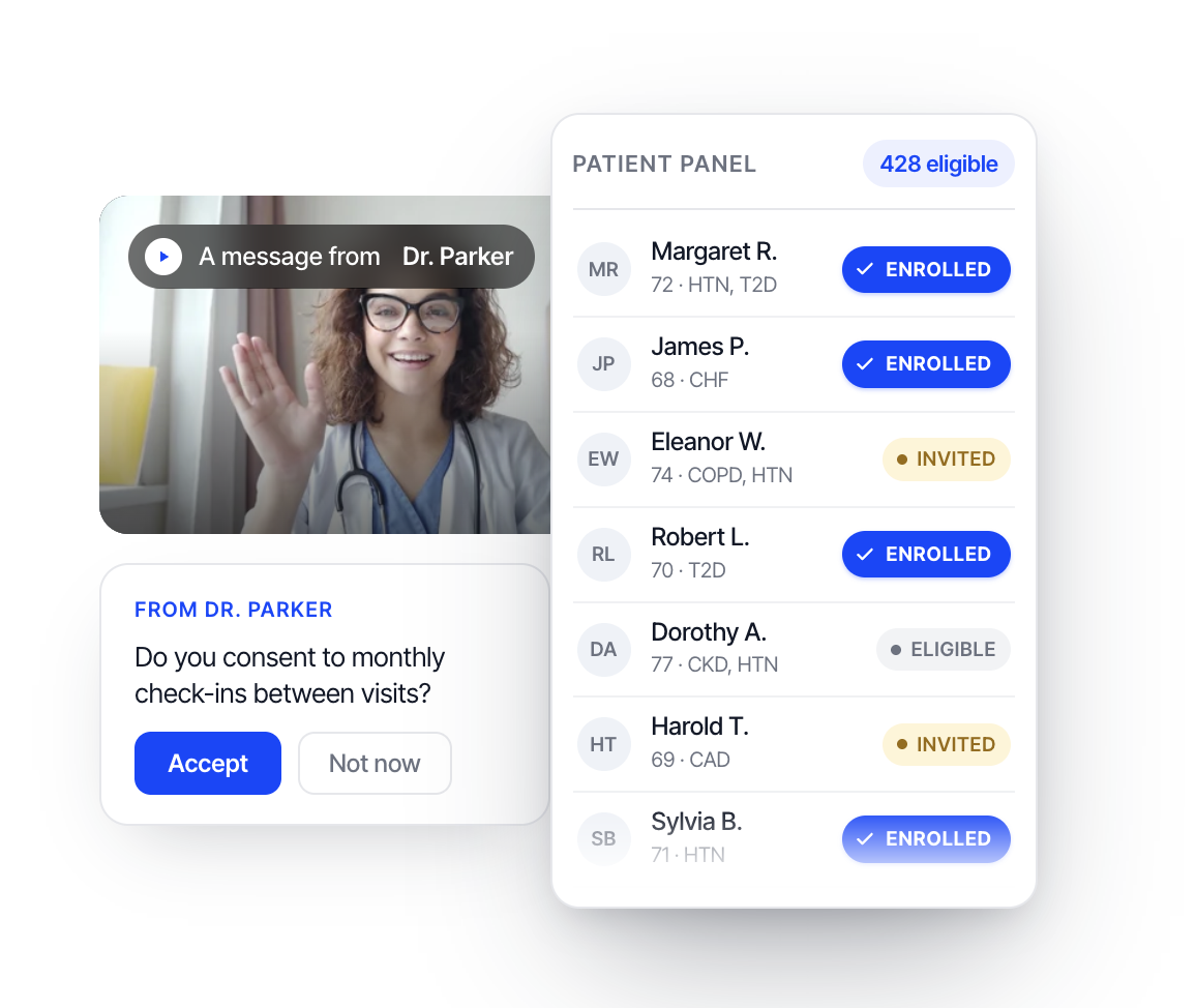 Dr. Parker consent video, consent card, and eligible patient panel